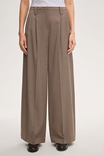 Schurwoll-Bundfalten-Palazzo-Hose in Taupe