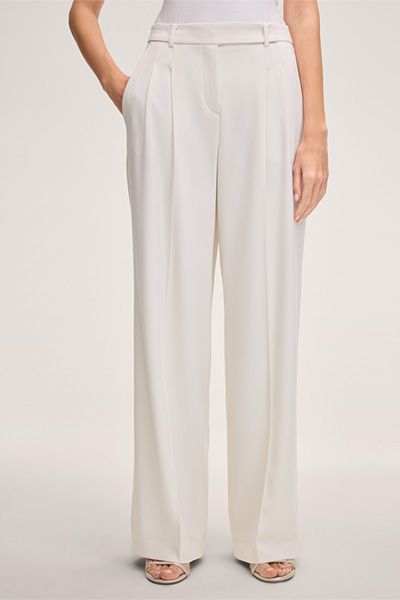 Weiße Schurwollstretch-Palazzohose mit Bundfalten und weitem Bein