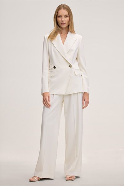 Weiße Schurwollstretch-Palazzohose mit Bundfalten und weitem Bein