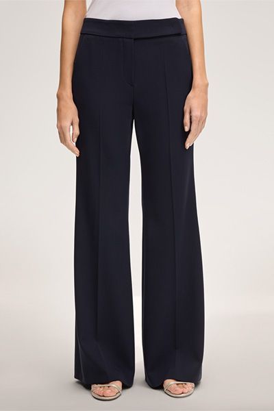 Marineblaue Marlenehose aus Wollstretch mit weitem Bein im Business-Stil