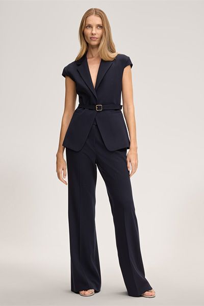 Marineblaue Marlenehose aus Wollstretch mit weitem Bein im Business-Stil