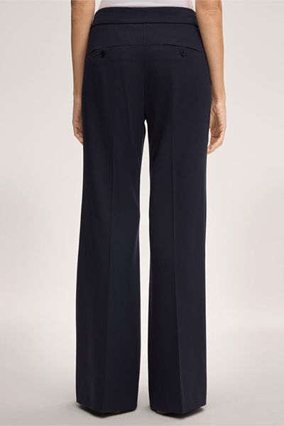 Marineblaue Marlenehose aus Wollstretch mit weitem Bein im Business-Stil