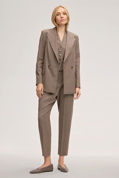 Taupe Wollweste ärmelloser Business-Gilet mit V-Ausschnitt & Knöpfen