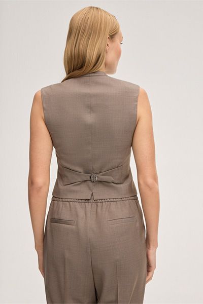 Taupe Wollweste ärmelloser Business-Gilet mit V-Ausschnitt & Knöpfen