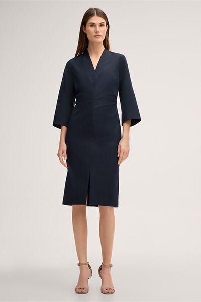Navy Baumwoll-Stretch Etuikleid mit V-Ausschnitt und 3/4 Ärmeln