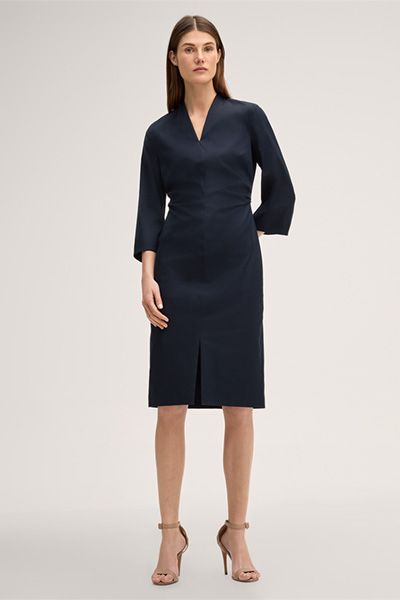 Navy Baumwoll-Stretch Etuikleid mit V-Ausschnitt und 3/4 Ärmeln
