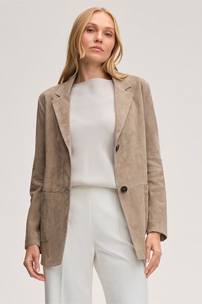 Taupe Lammveloursleder Blazer mit fallendem Revers und Taschen