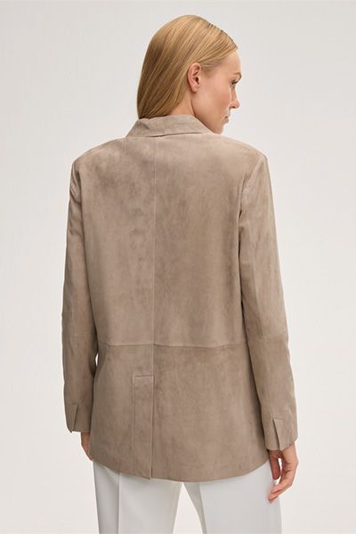 Taupe Lammveloursleder Blazer mit fallendem Revers und Taschen