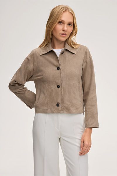 Taupe Lammveloursleder Hemdjacke mit klassischem Kragen
