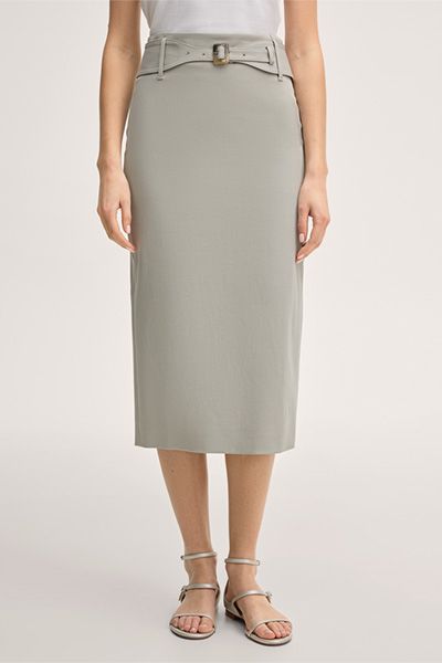 Bleistiftrock Double Baumwollstretch Greige Gürtel Business Casual