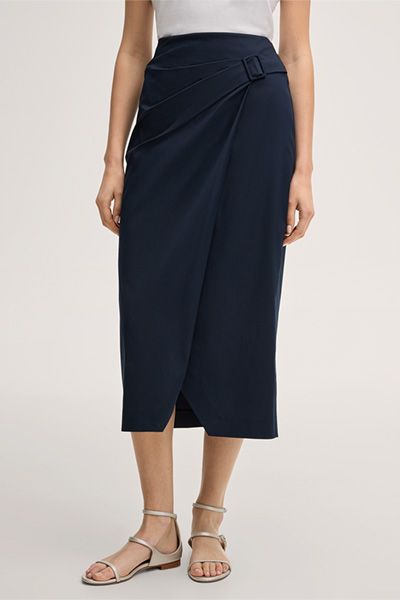 Marineblauer Midi-Bleistiftrock aus Baumwollmischung mit Wickeldetail