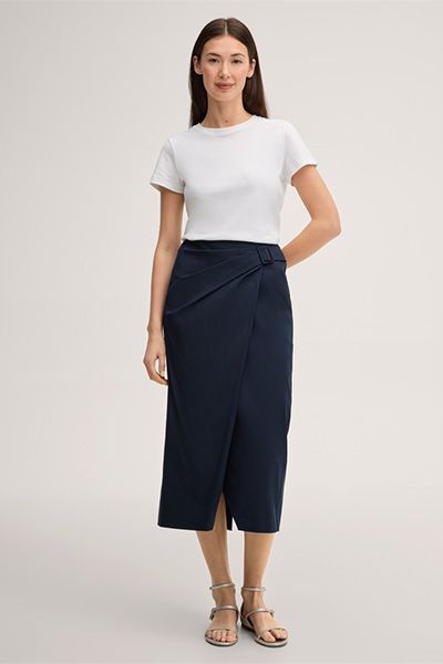 Marineblauer Midi-Bleistiftrock aus Baumwollmischung mit Wickeldetail