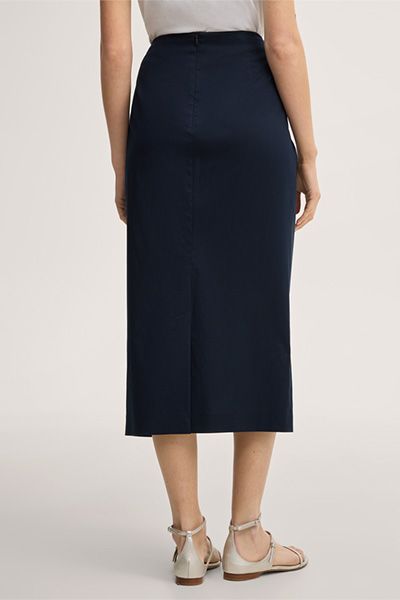 Marineblauer Midi-Bleistiftrock aus Baumwollmischung mit Wickeldetail