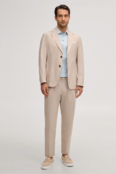 Beige Baumwollmix Bundfaltenhose Flomo mit teilweise elastischem Bund