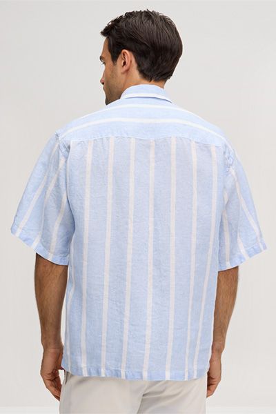 Gestreiftes Leinen Kurzarmhemd Oberon in Blau und Weiß