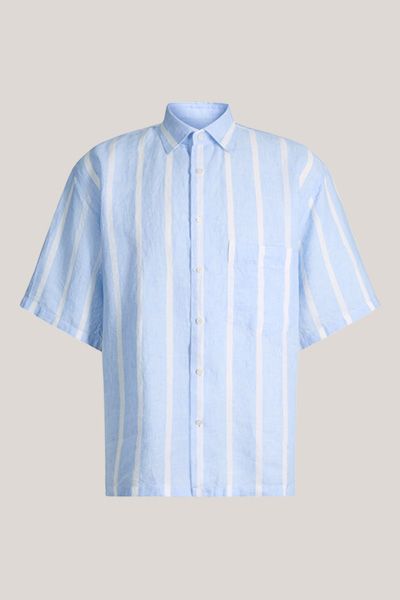 Gestreiftes Leinen Kurzarmhemd Oberon in Blau und Weiß