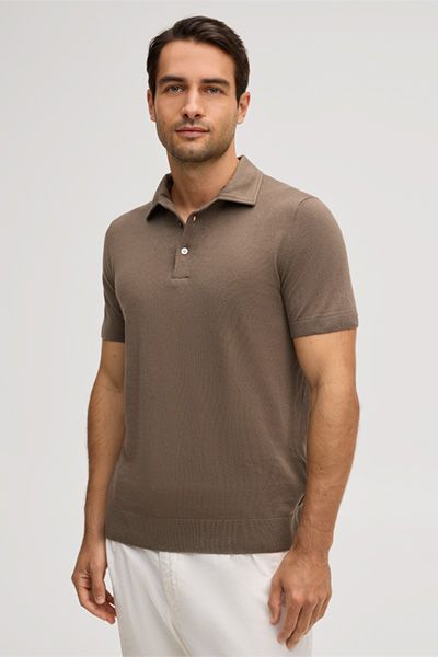 Manoel Lindo Braun Leinen-Baumwollmischung Strickpolohemd