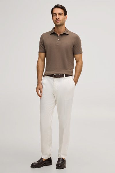 Manoel Lindo Braun Leinen-Baumwollmischung Strickpolohemd
