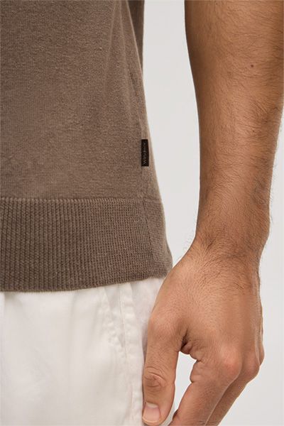Manoel Lindo Braun Leinen-Baumwollmischung Strickpolohemd