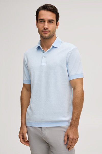Maison Green Baumwoll-Leinen-Mischung Poloshirt Hellblau Melange