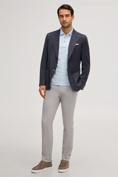 Maison Green Baumwoll-Leinen-Mischung Poloshirt Hellblau Melange