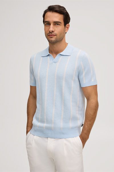 Windsor Lindo Hellblau gestreiftes Poloshirt aus Leinen-Baumwollmischung