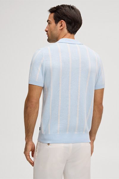 Windsor Lindo Hellblau gestreiftes Poloshirt aus Leinen-Baumwollmischung