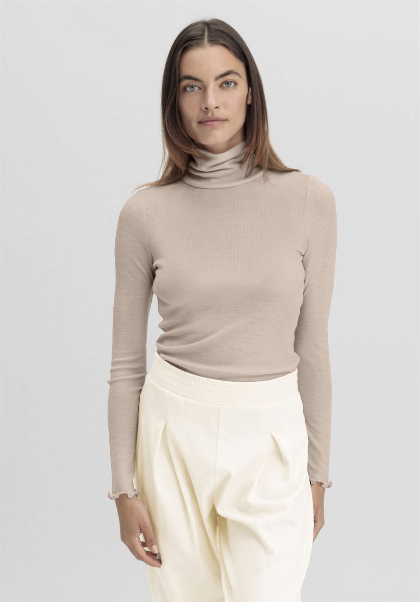 Geripptes Merino Rollkragen-Langarmshirt