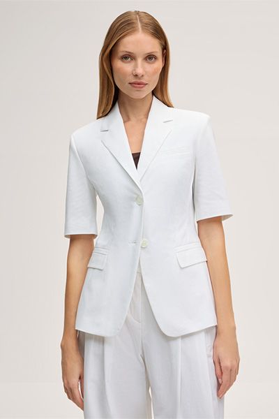 Stretch Baumwoll-Gabardine Kurzarm-Blazer in Weiß
