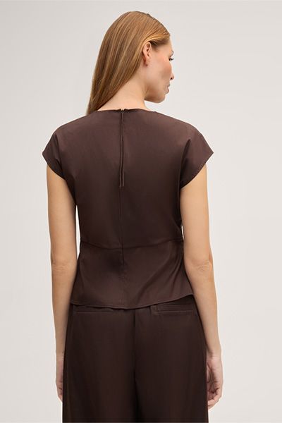 Baumwollstretch-Blusen-Top in Dunkelbraun mit Drapierter Taille