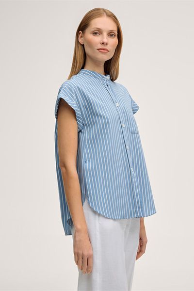 Viskosemischung Kurzarm Bluse in Hellblau-Ecru gestreift