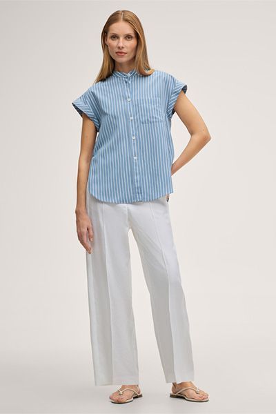 Viskosemischung Kurzarm Bluse in Hellblau-Ecru gestreift