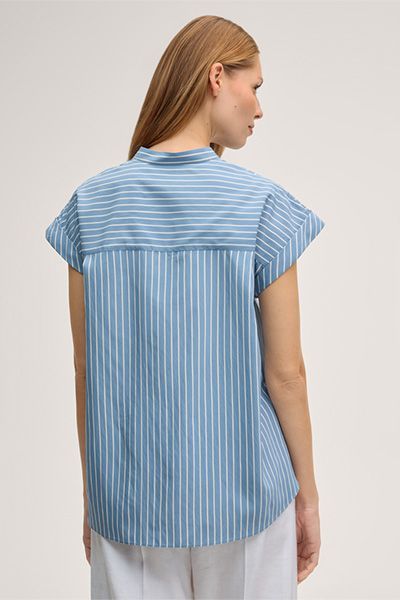 Viskosemischung Kurzarm Bluse in Hellblau-Ecru gestreift