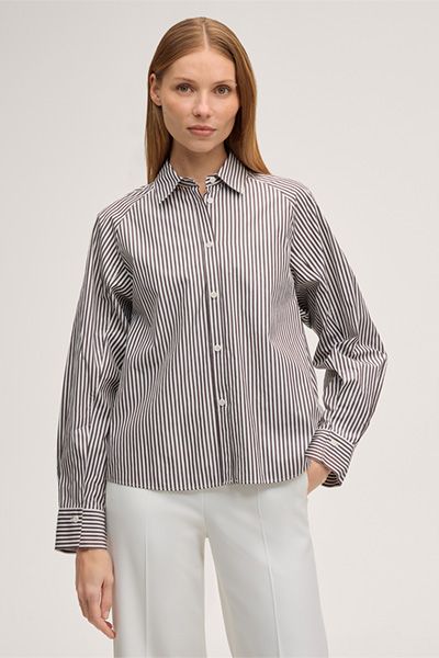 Gestreifte Baumwollbluse in Ecru und Dunkelbraun gestreift