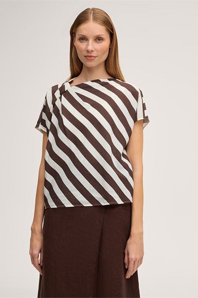 Viskose-Leinen-Mix Blusenshirt in Ecru-Dunkelbraun gestreift