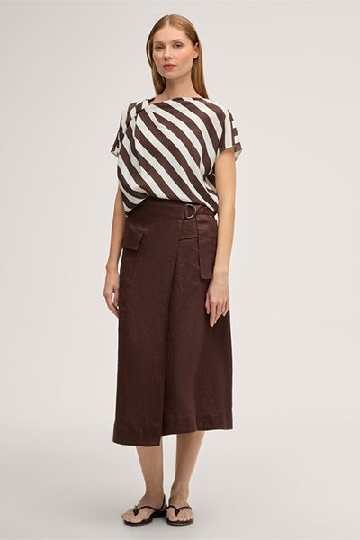 Viskose-Leinen-Mix Blusenshirt in Ecru-Dunkelbraun gestreift