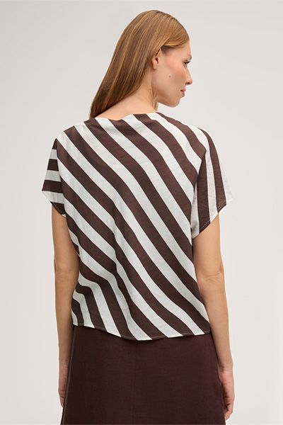 Viskose-Leinen-Mix Blusenshirt in Ecru-Dunkelbraun gestreift