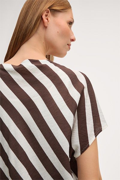 Viskose-Leinen-Mix Blusenshirt in Ecru-Dunkelbraun gestreift