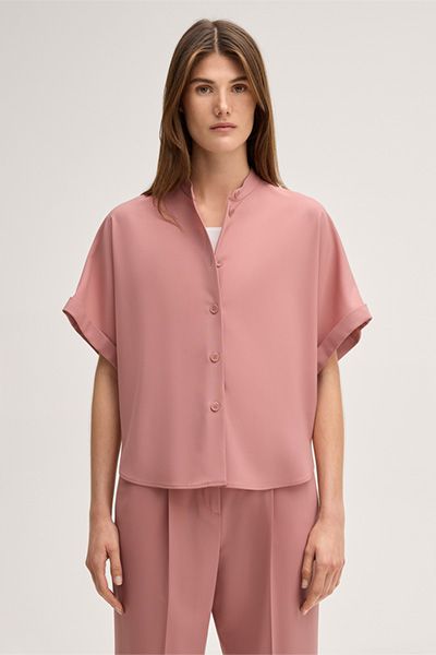 Frank Walder Schurwollstretch-Hemdbluse mit Stehkragen in Rosa