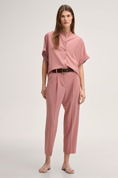 Frank Walder Schurwollstretch-Hemdbluse mit Stehkragen in Rosa