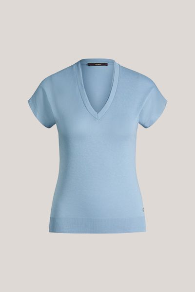 Maison Common Hellblaues V-Ausschnitt T-Shirt aus Lyocell-Baumwollmischung