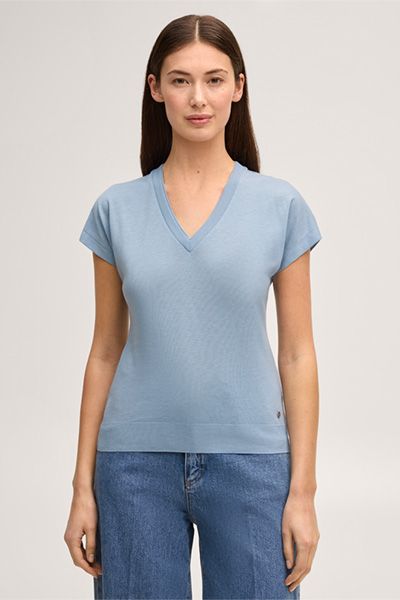Maison Common Hellblaues V-Ausschnitt T-Shirt aus Lyocell-Baumwollmischung