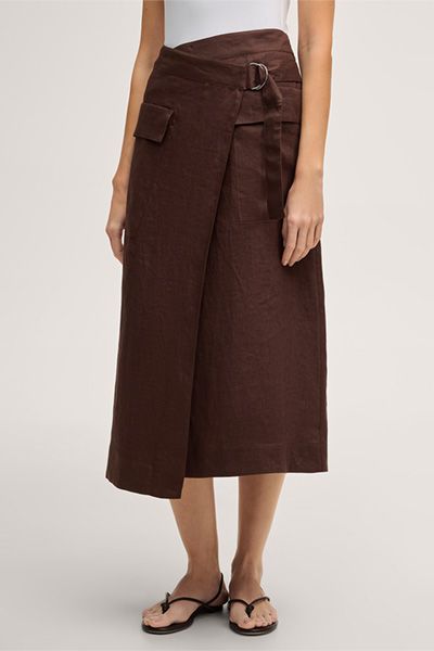 Marc Cain Leinen-Wickelrock in Midi-Länge in Dunkelbraun mit Schnalle