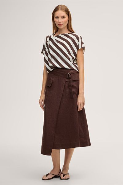 Marc Cain Leinen-Wickelrock in Midi-Länge in Dunkelbraun mit Schnalle