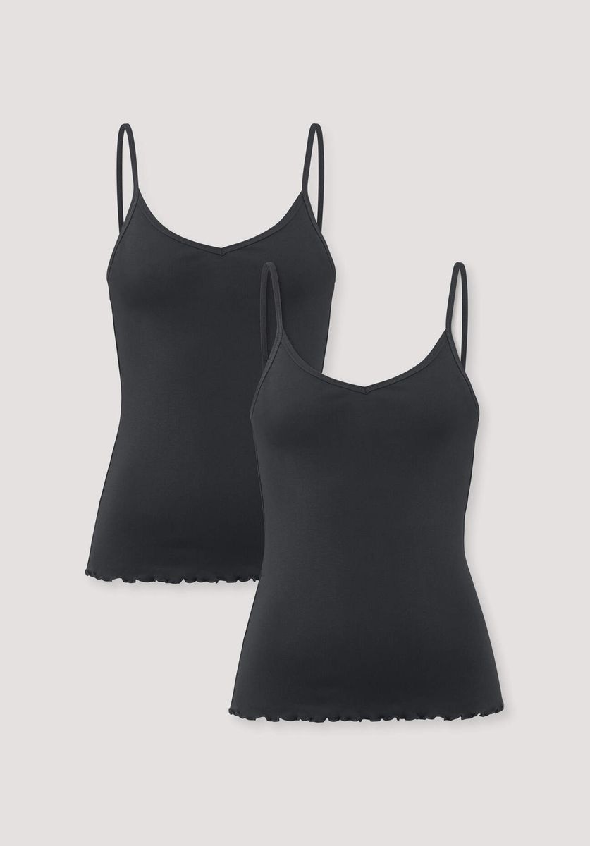 hessnatur Damen Spaghetti Top V-Neck im 2er-Pack PURE COTTON aus Bio-Baumwolle - schwarz - Größe 36