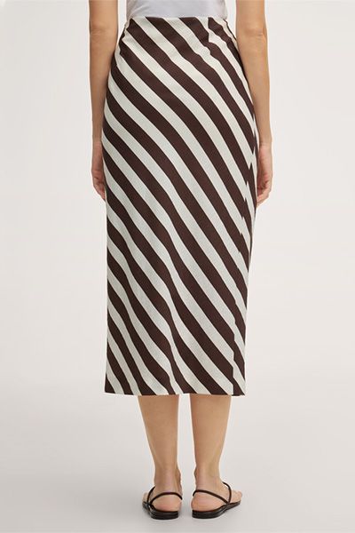 Marc Cain Ecru- und dunkelbraun gestreifter Midi-Wickelrock