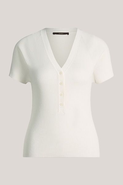 Marc Aurel Ecru T-Shirt mit V-Ausschnitt und Knopfleiste aus Seiden-Baumwollmischung