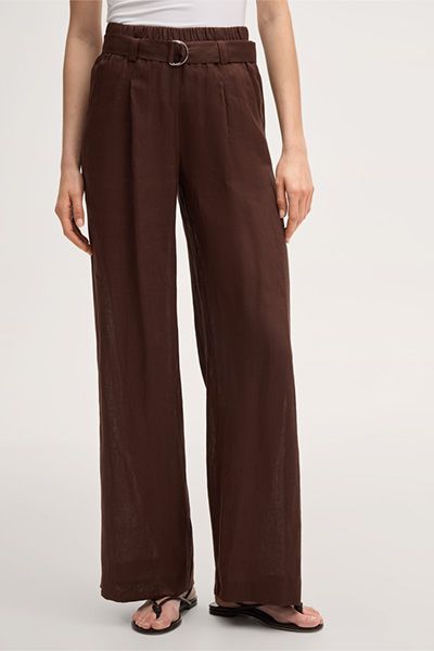 Leinen Dunkelbraune Palazzo-Hose mit Gürtel Weites Bein
