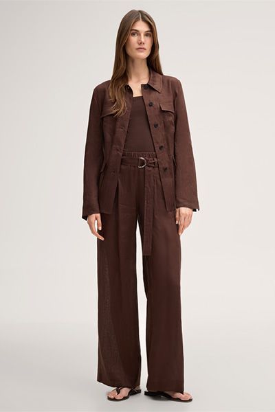 Leinen Dunkelbraune Palazzo-Hose mit Gürtel Weites Bein