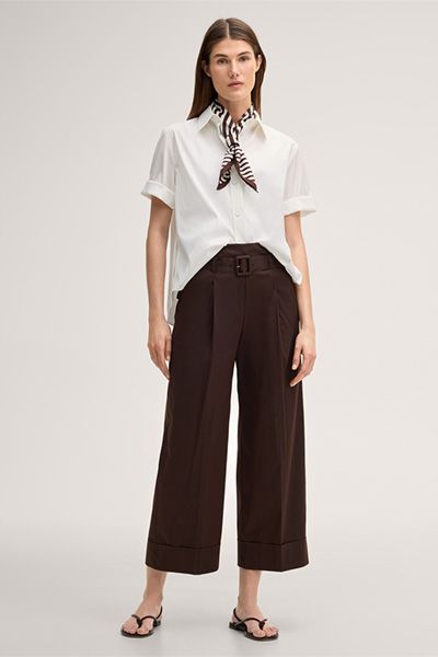 Baumwollstretch Kurzarm Bluse in Ecru mit Aufgeschlagenen Ärmeln